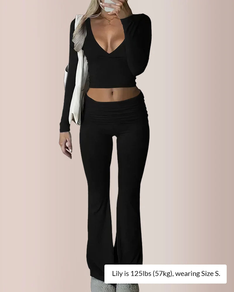 V-Neck Crop Top & High-Waist Flare Pants Set