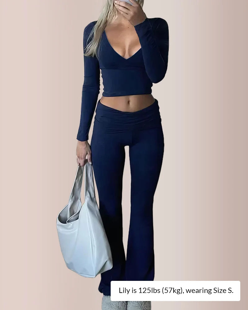 V-Neck Crop Top & High-Waist Flare Pants Set
