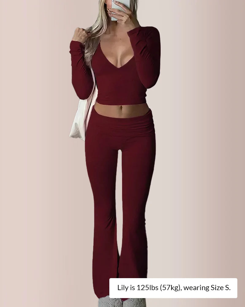V-Neck Crop Top & High-Waist Flare Pants Set