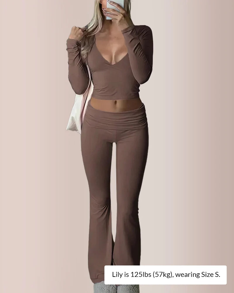 V-Neck Crop Top & High-Waist Flare Pants Set