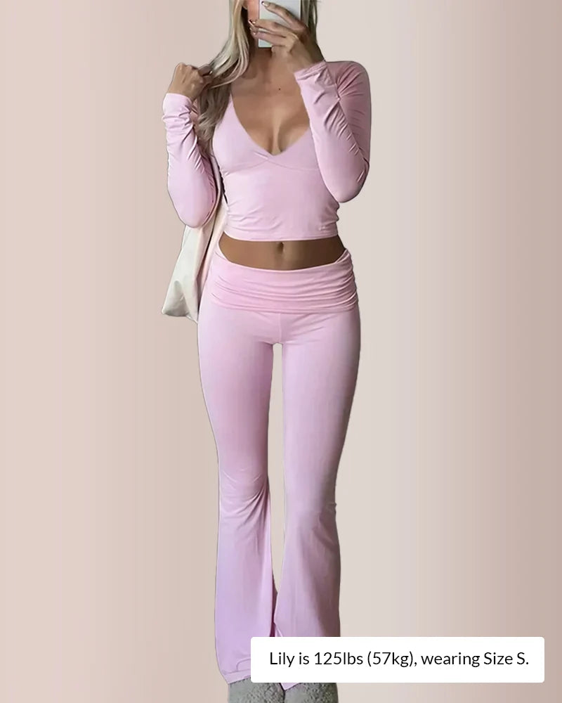 V-Neck Crop Top & High-Waist Flare Pants Set