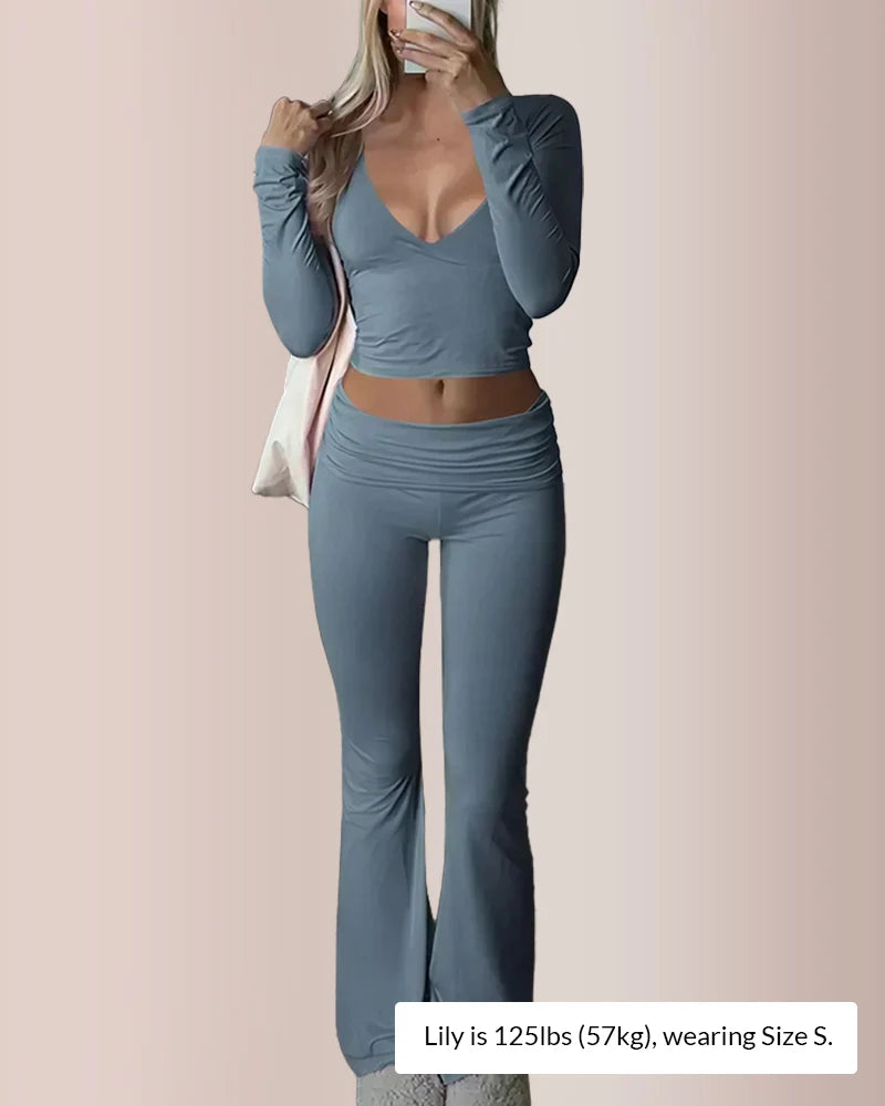 V-Neck Crop Top & High-Waist Flare Pants Set