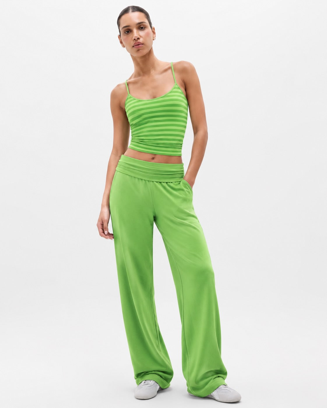 Striped Cami & Fold-Over Wide-Leg Pants Set