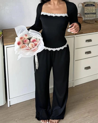 CozyEase – Black Long-Sleeve Lace-Trim Pajama Set