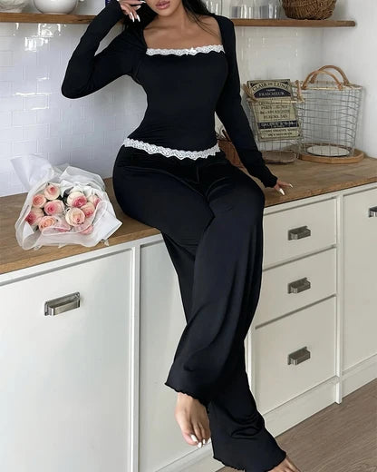 CozyEase – Black Long-Sleeve Lace-Trim Pajama Set
