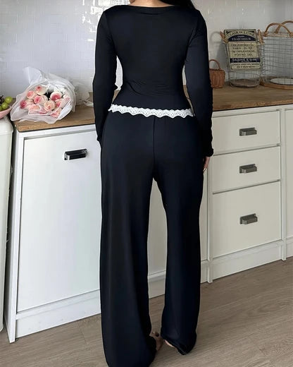 CozyEase – Black Long-Sleeve Lace-Trim Pajama Set