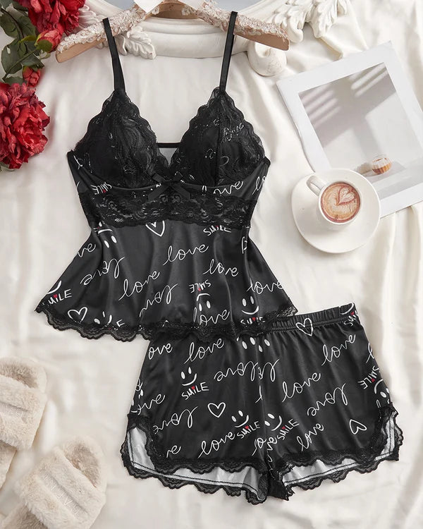 BlossomLace – Lace-Trim Cami & Shorts Pajama Set