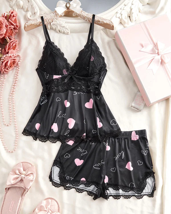 BlossomLace – Lace-Trim Cami & Shorts Pajama Set
