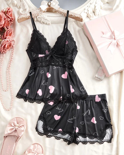 BlossomLace – Lace-Trim Cami & Shorts Pajama Set