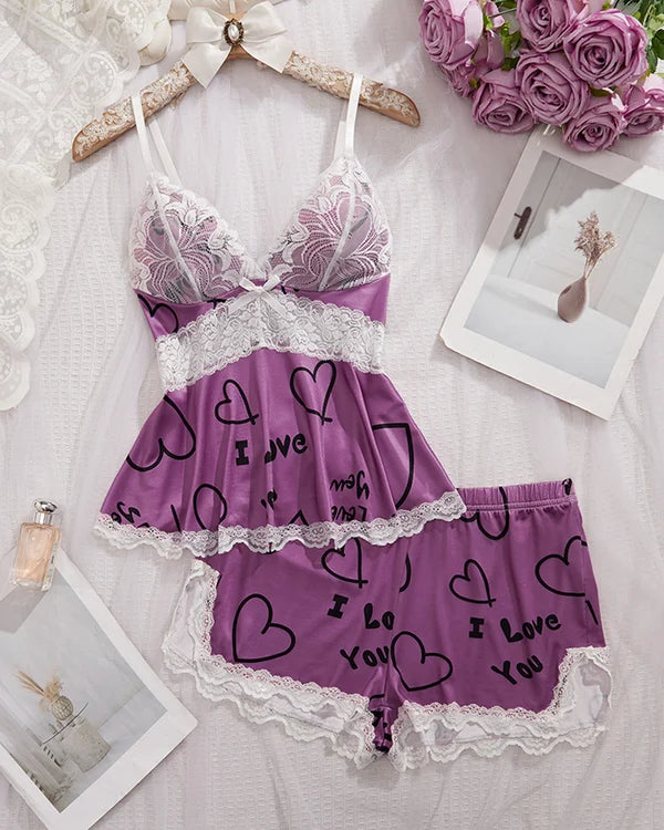BlossomLace – Lace-Trim Cami & Shorts Pajama Set