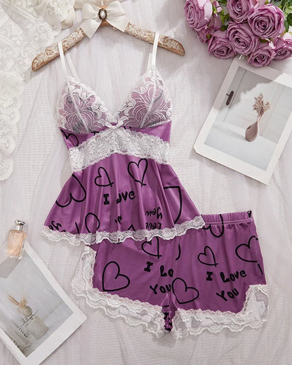 BlossomLace – Lace-Trim Cami & Shorts Pajama Set