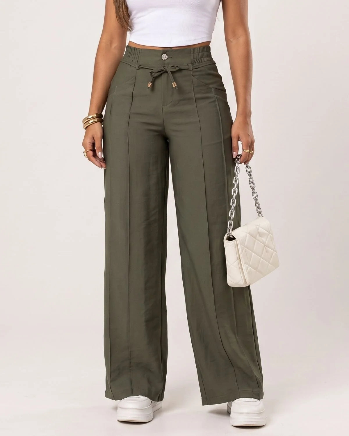 High Waist Drawstring Wide Leg Pants