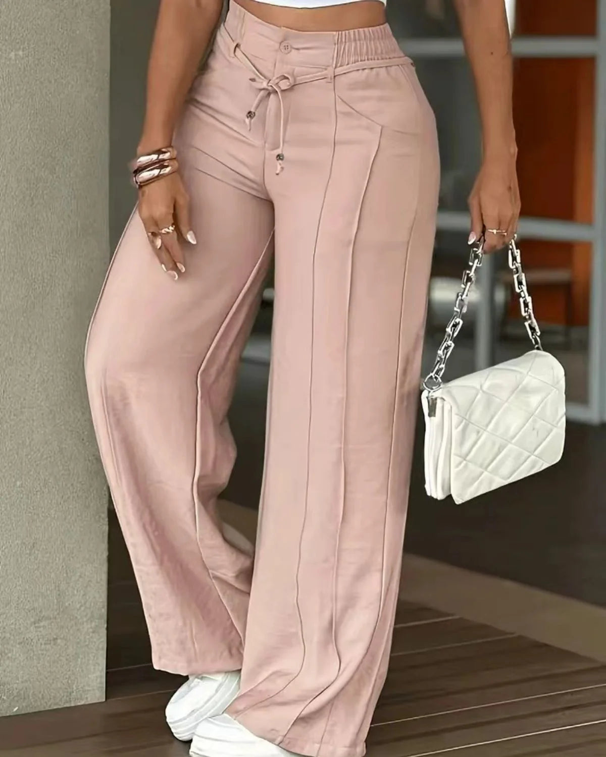 High Waist Drawstring Wide Leg Pants