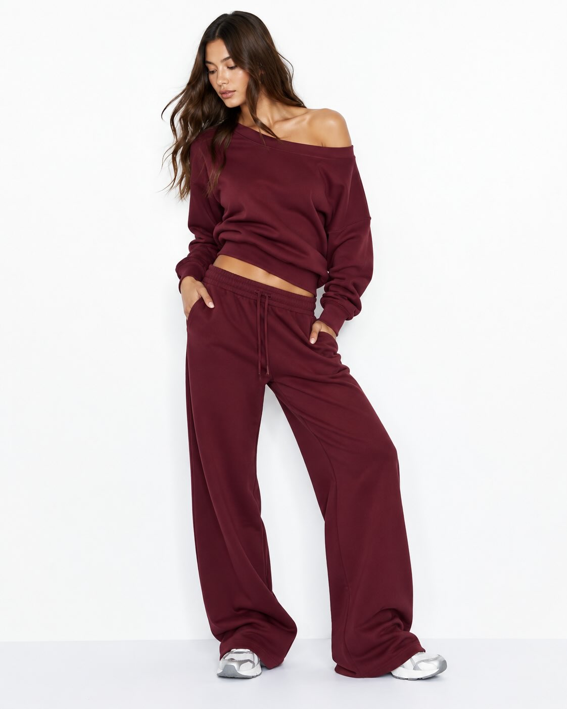 Off-Shoulder Relaxed Sweatshirt & Wide-Leg Pants Set