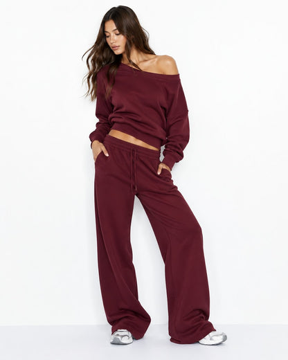 Off-Shoulder Relaxed Sweatshirt & Wide-Leg Pants Set