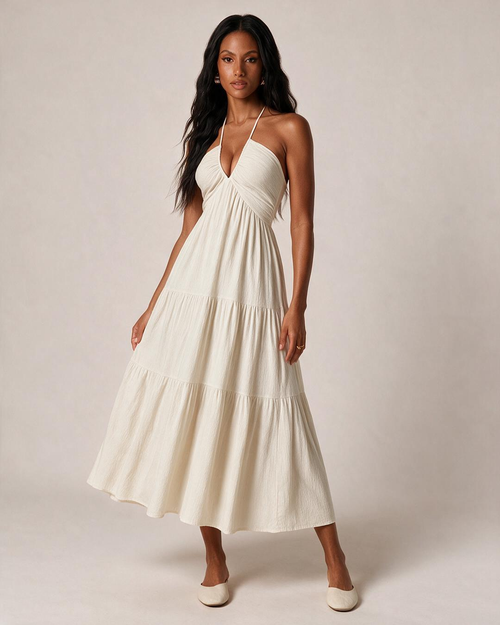 Halter Neck Tiered Flowy Maxi Dress