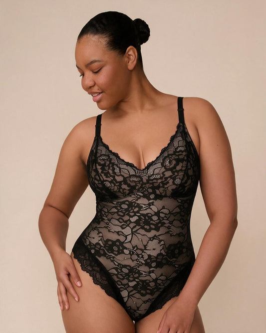 Floral Lace Lingerie Bodysuit – Deep V Sheer Bodysuit