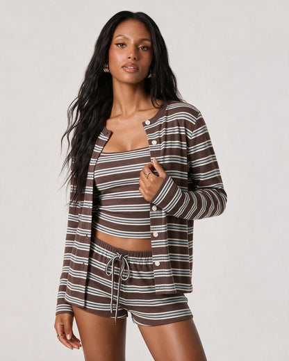 3-Piece Striped Cardigan, Cami & Shorts Lounge Set