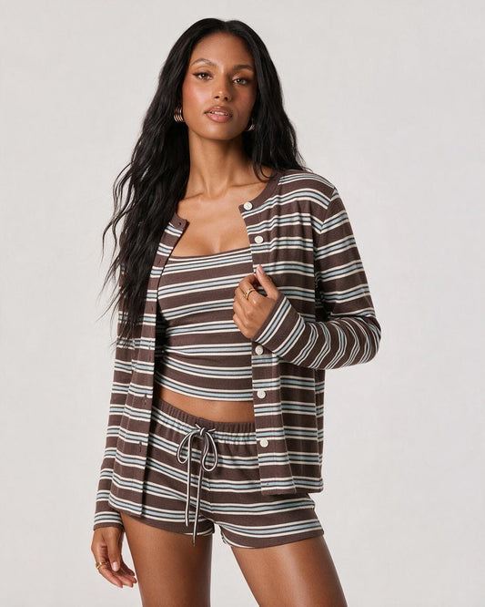 3-Piece Striped Cardigan, Cami & Shorts Lounge Set