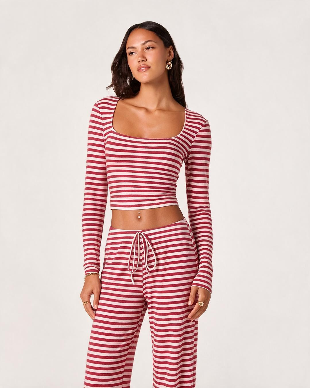 Striped Square Neck Crop Top & Wide Leg Pants Set