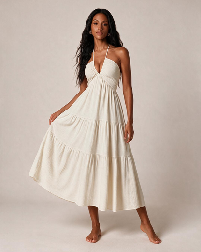 Halter Neck Tiered Flowy Maxi Dress