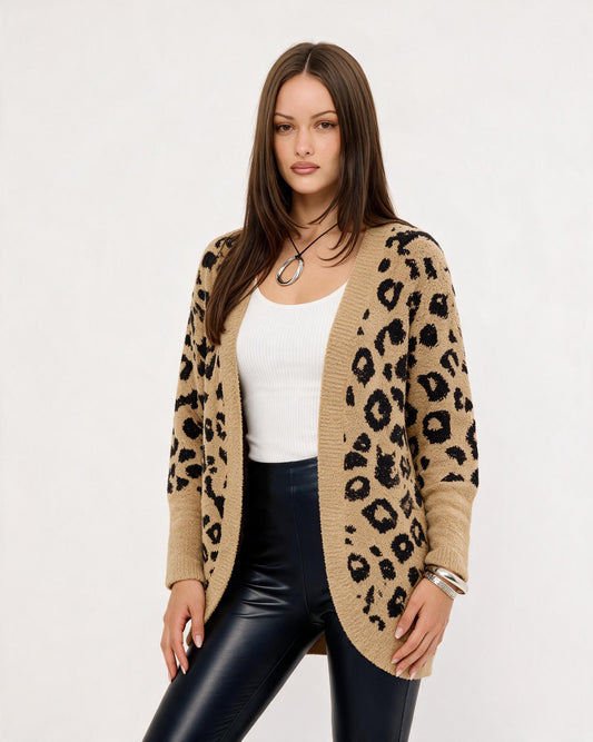 Leopard Print Open-Front Knit Cardigan with Pockets