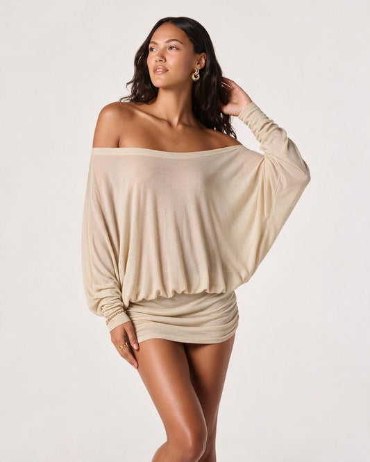 Off Shoulder Ruched Mini Dress with Dolman Sleeves