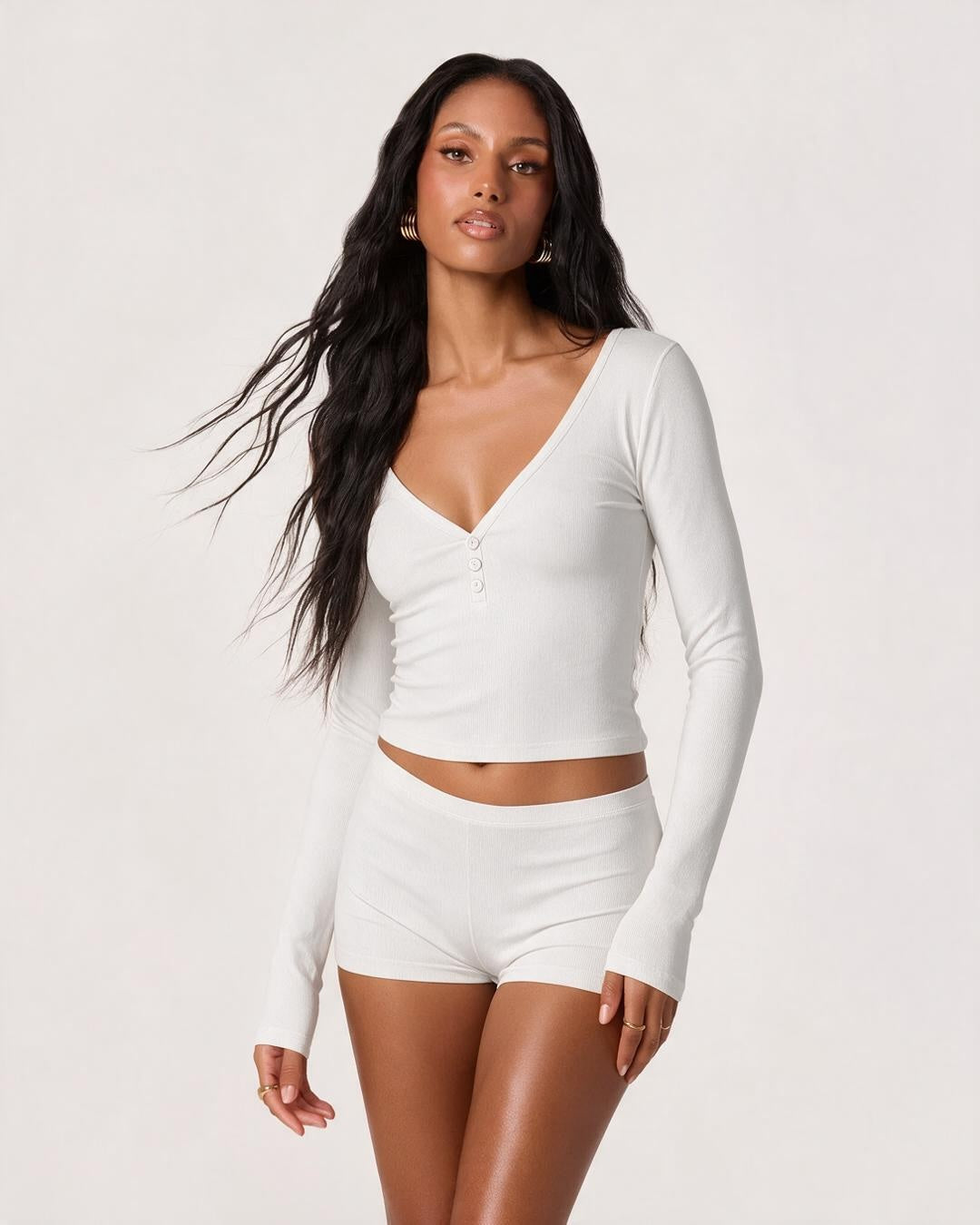 V Neck Button Front Crop Top & Shorts Set