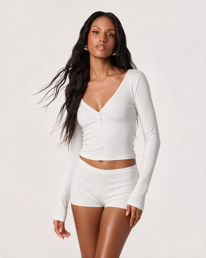 V Neck Button Front Crop Top & Shorts Set