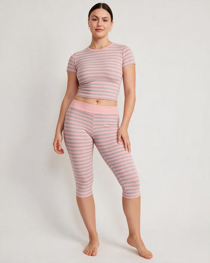 Striped Short Sleeve Top & Capri Leggings Set