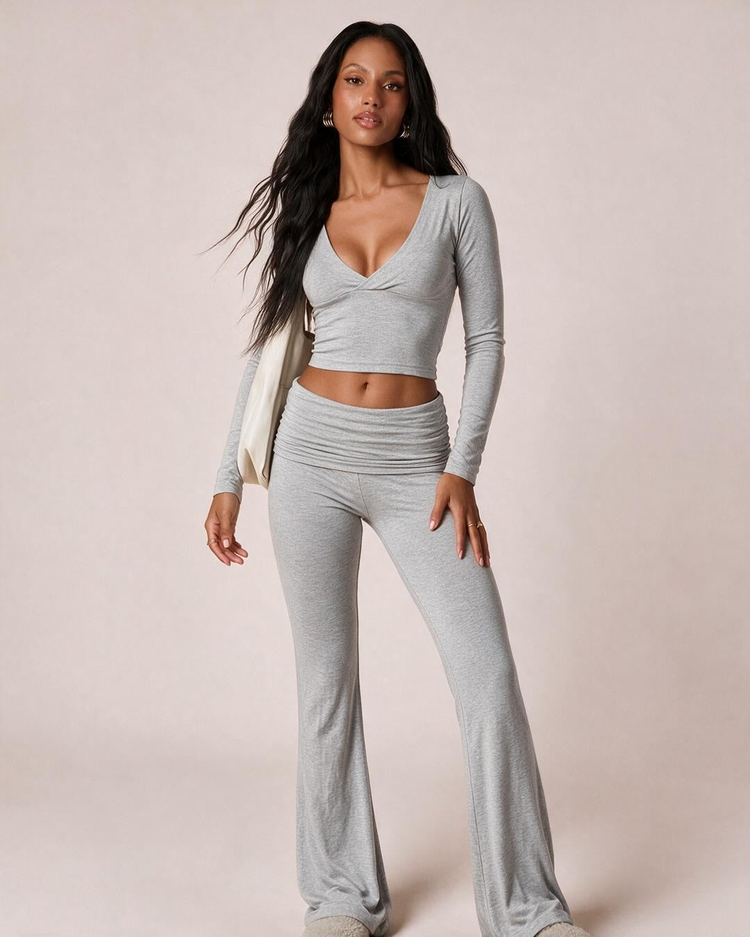 V-Neck Crop Top & High-Waist Flare Pants Set
