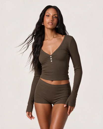V Neck Button Front Crop Top & Shorts Set