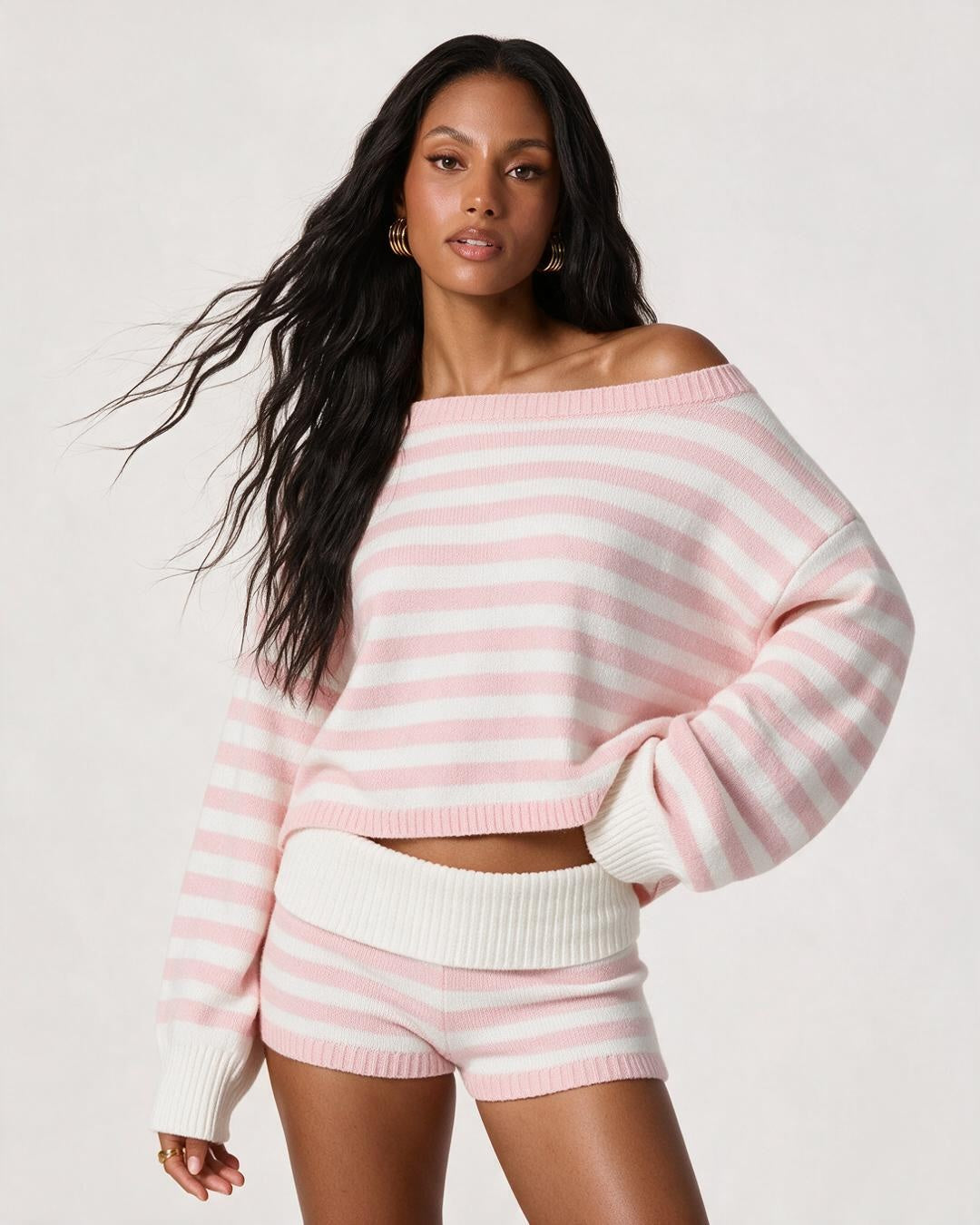 Striped Off Shoulder Oversized Knit Sweater