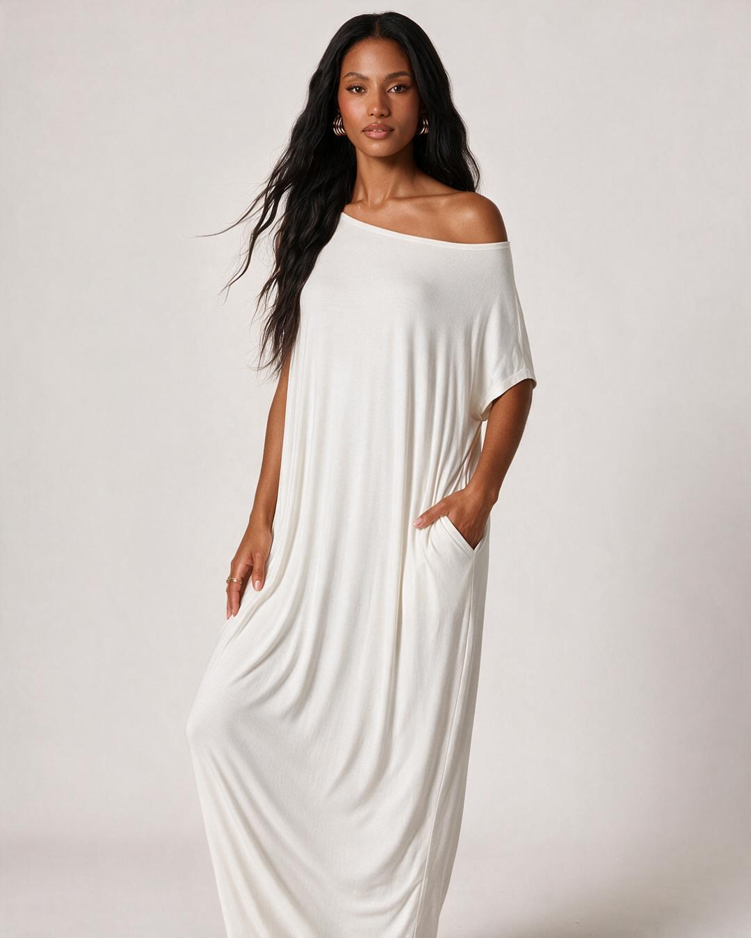 Off-Shoulder Batwing-Sleeve Lounge Maxi Dress