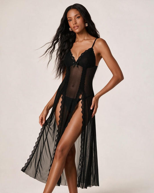 BlossomLace – Romantic Mesh Side-Split Nightdress