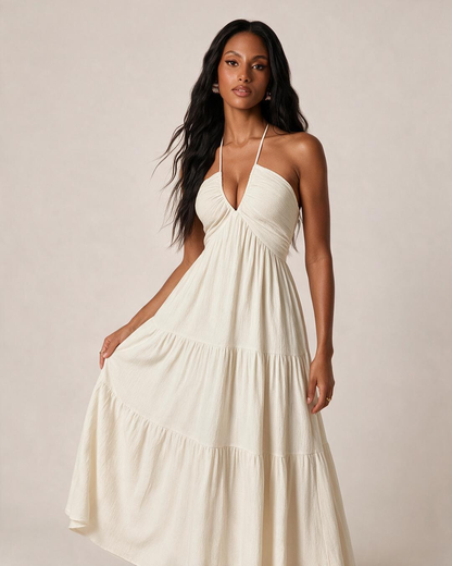 Halter Neck Tiered Flowy Maxi Dress