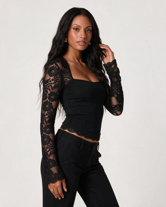 Floral Lace Long Sleeve Square Neck Top