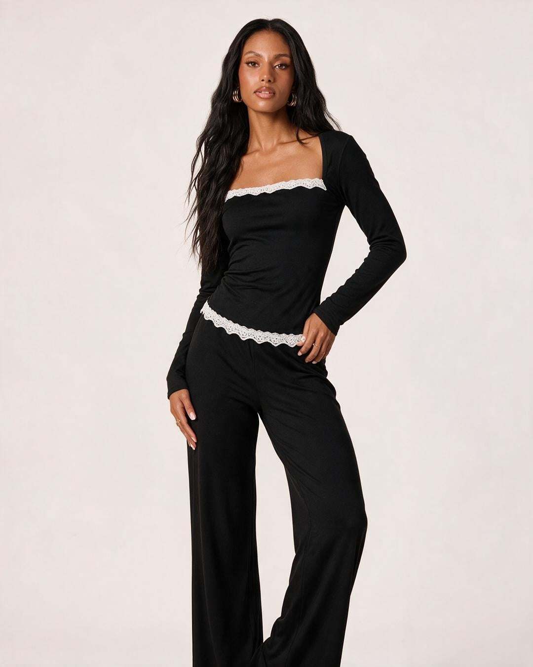 CozyEase Lace-Trim Long-Sleeve Pajama & Lounge Set