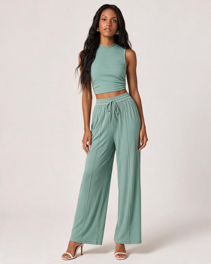Sleeveless Knit Top & Wide-Leg Pants Lounge Set