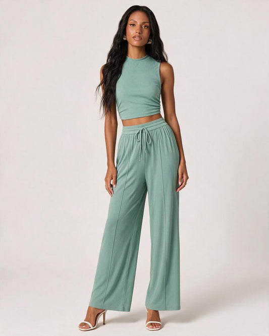 Sleeveless Knit Top & Wide-Leg Pants Lounge Set