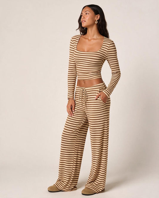 Striped Square Neck Crop Top & Wide Leg Pants Set