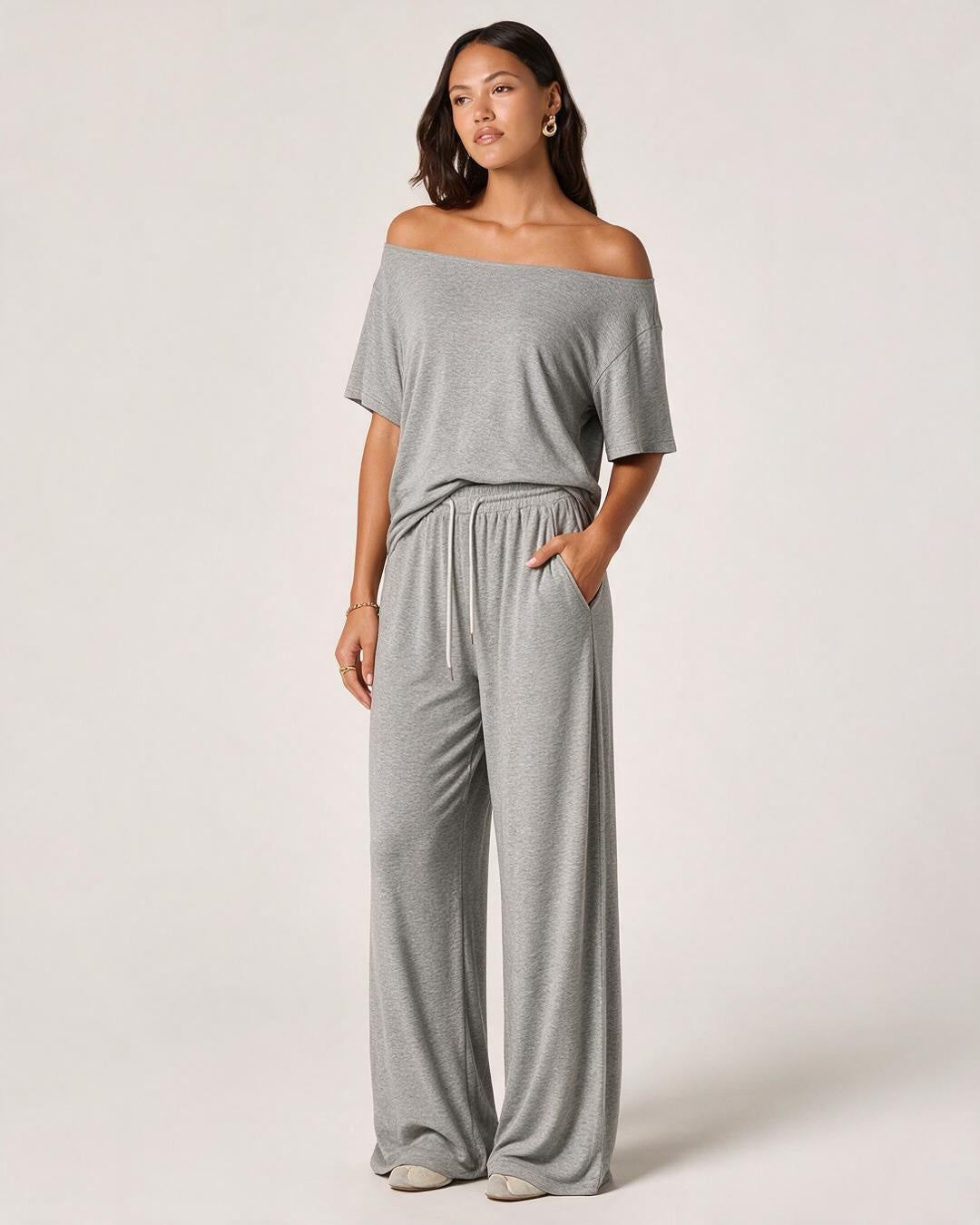 Off-Shoulder Top & Wide Leg Pants Lounge Set