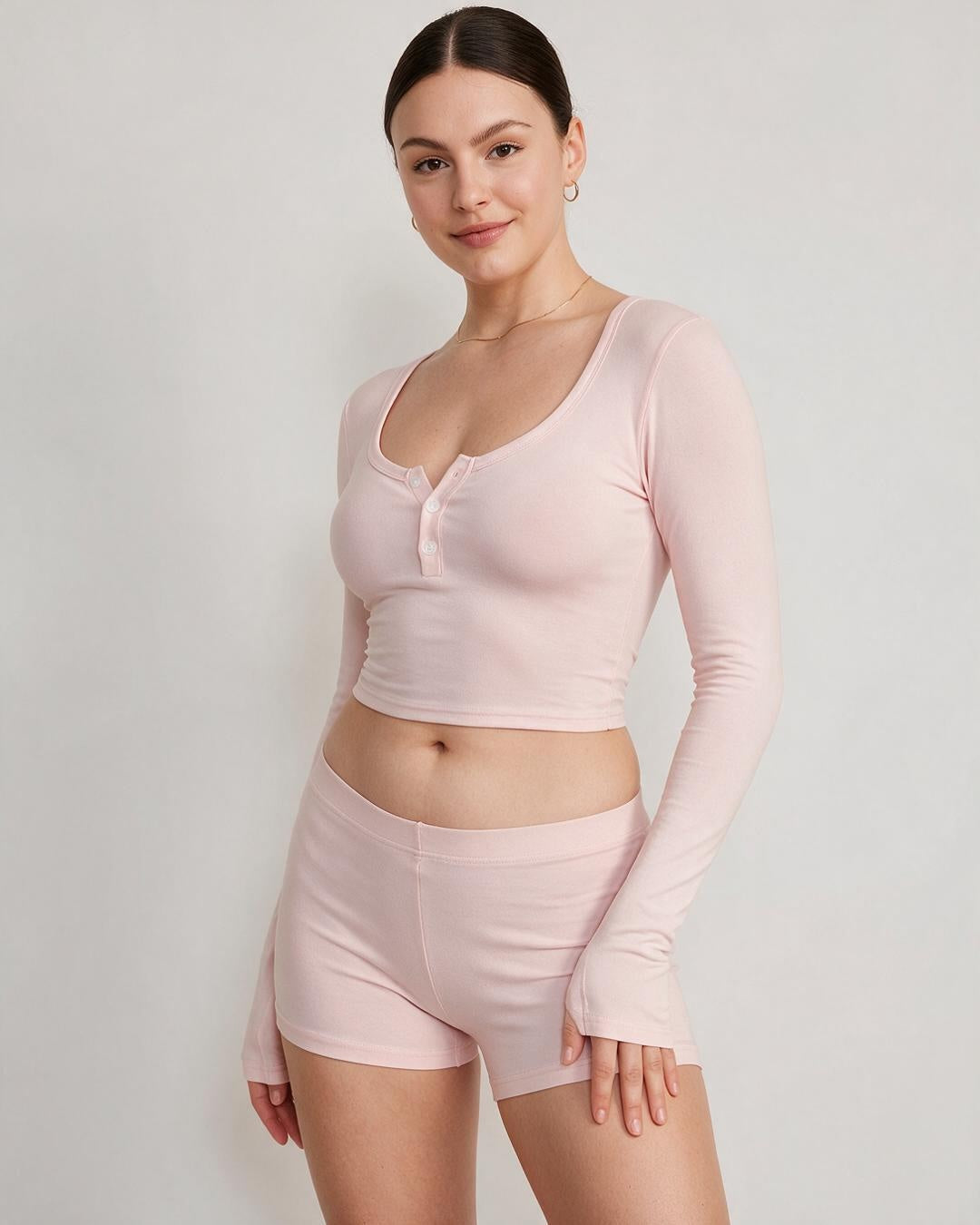 Button Front Long Sleeve Crop Top & Shorts Set