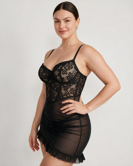 Floral Lace Underwire Push-Up Sheer Mini Lingerie Dress