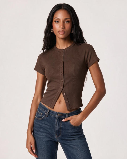 Ribbed Button-Front Cropped Tee
