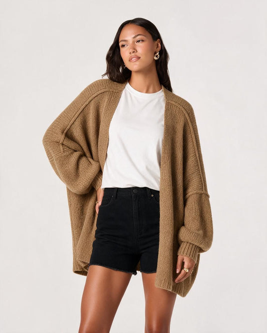 Oversized Open-Front Knit Cardigan with Lantern Sleeves