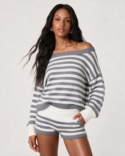 Striped Off Shoulder Oversized Knit Sweater