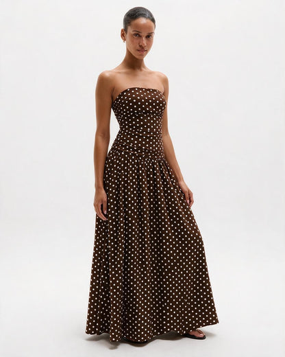 Vintage Polka Dot Strapless Maxi Dress