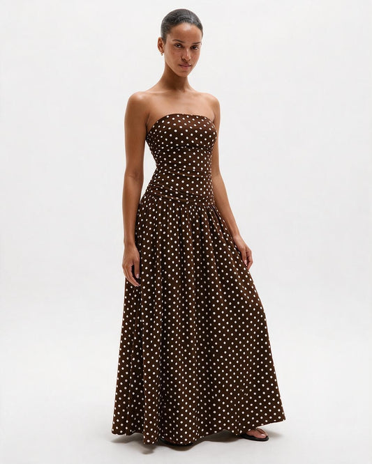Vintage Polka Dot Strapless Maxi Dress