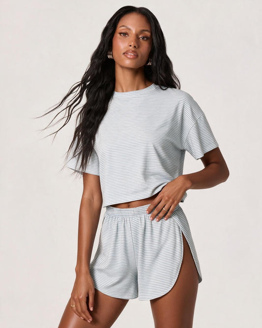 Women’s Striped Tee & Side-Slit Shorts Pajama Set